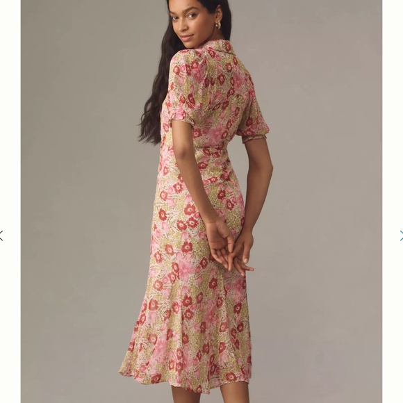 NWT By Anthropologie Puff-Sleeve Ruched Mesh Midi Shirt Dress SIZE 4P - Picture 2 of 4